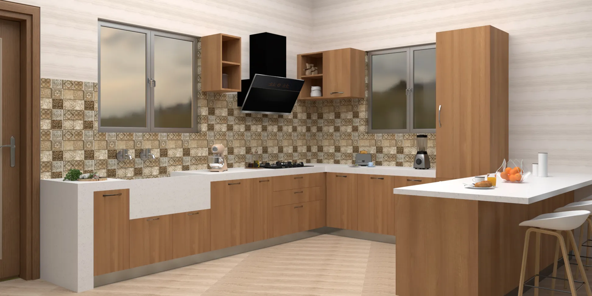 Modern Walnut Semi - Modular Kitchen Design