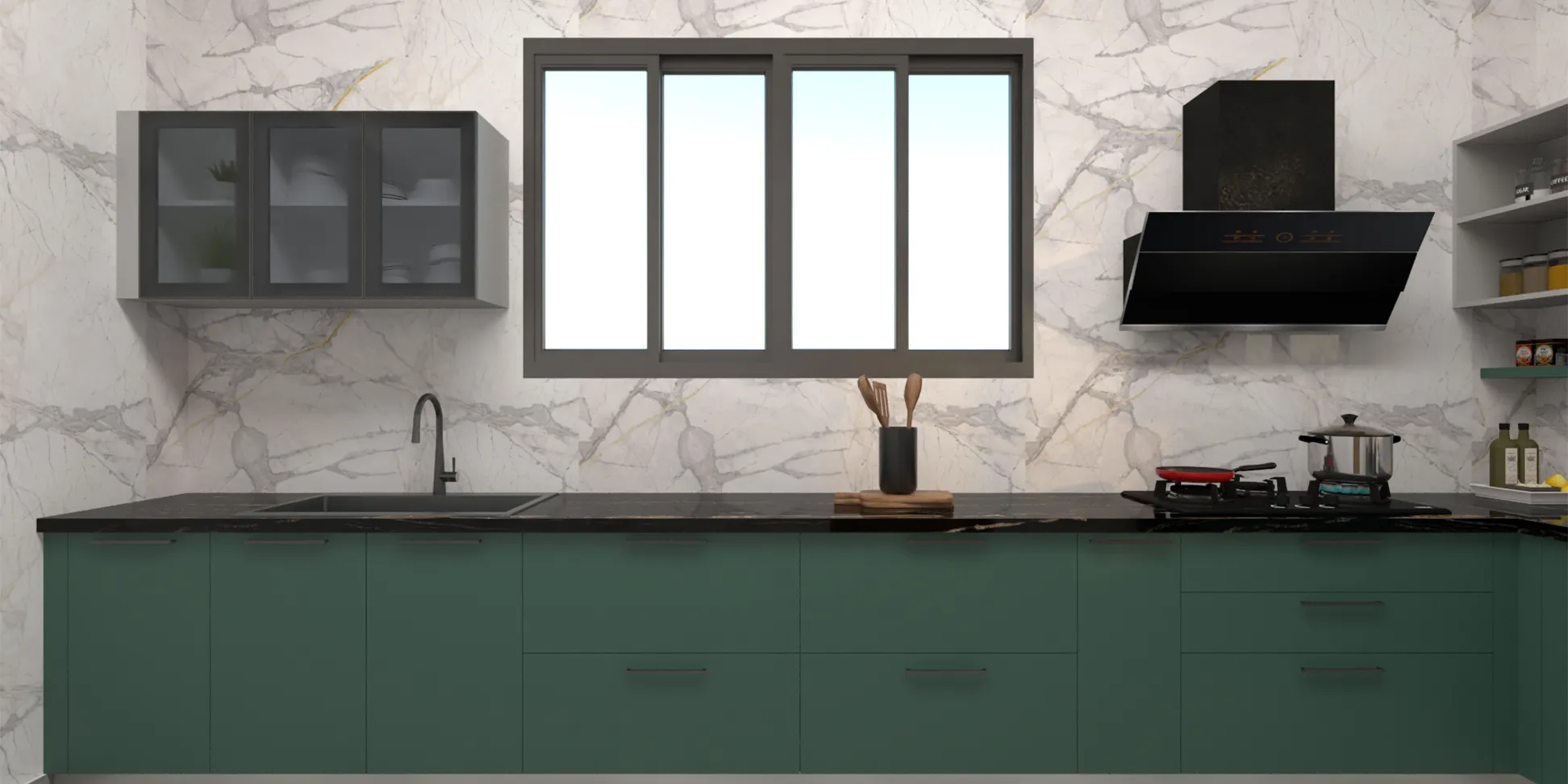 Verdent Green and Folkstone Grey  Contemporary L - Shaped Kitchen Design