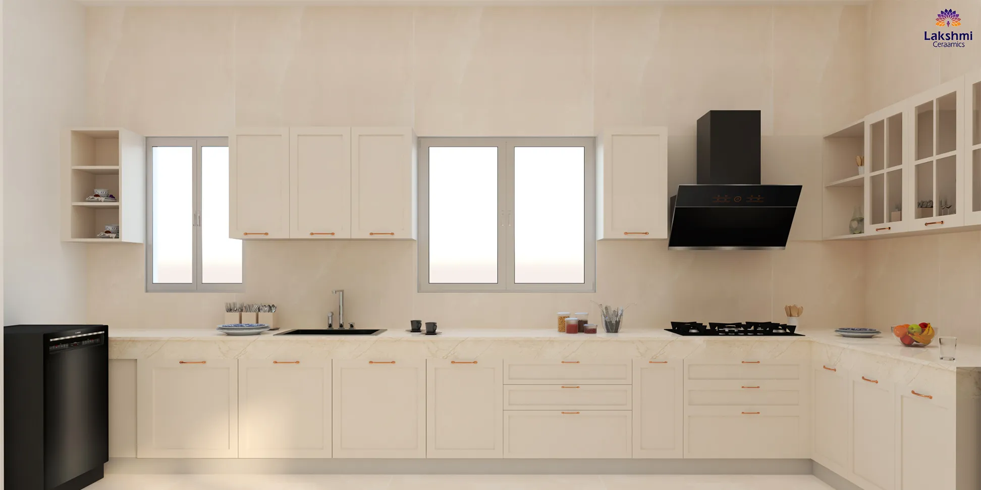 Traffic White Classic L - Shaped  Kitchen Design
