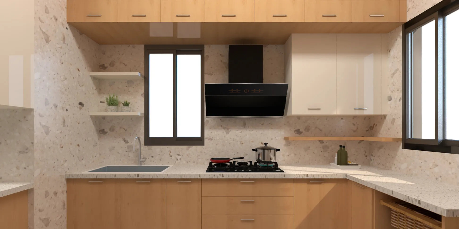 Mangfall Beech and Frosty White  Contemporary Parallel Kitchen Design