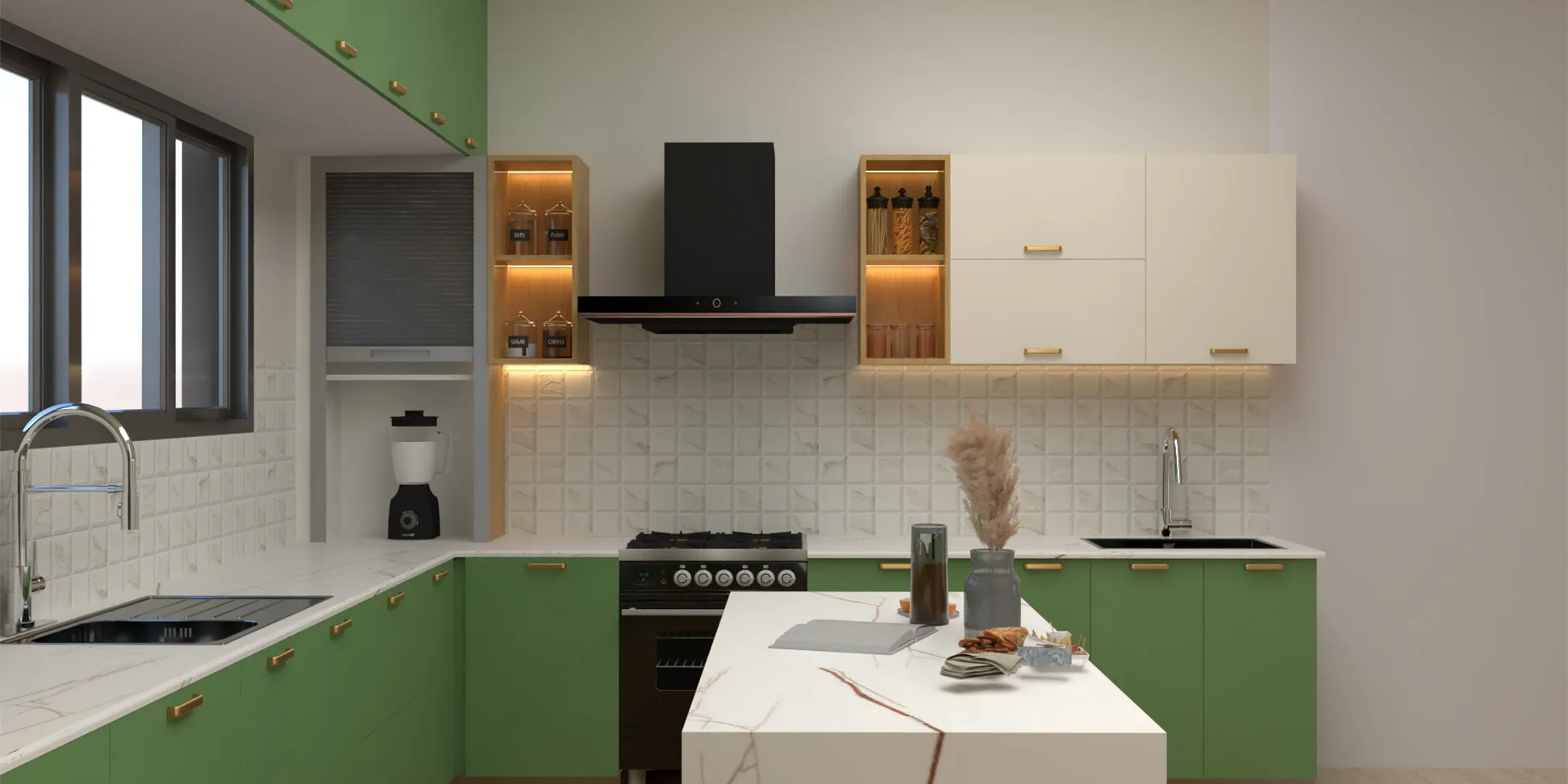 Prairie Green and White Lily Modern  Island Kitchen Design